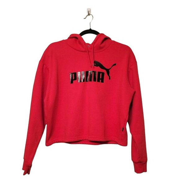 Puma Womens Hoodie Pink L Athletic Logo Cropped Drawstring - Picture 1 of 5